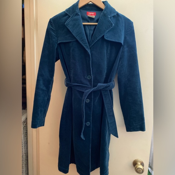 VTG Esprit Blue Cotton Velvet Trench Coat XS - Picture 7 of 15